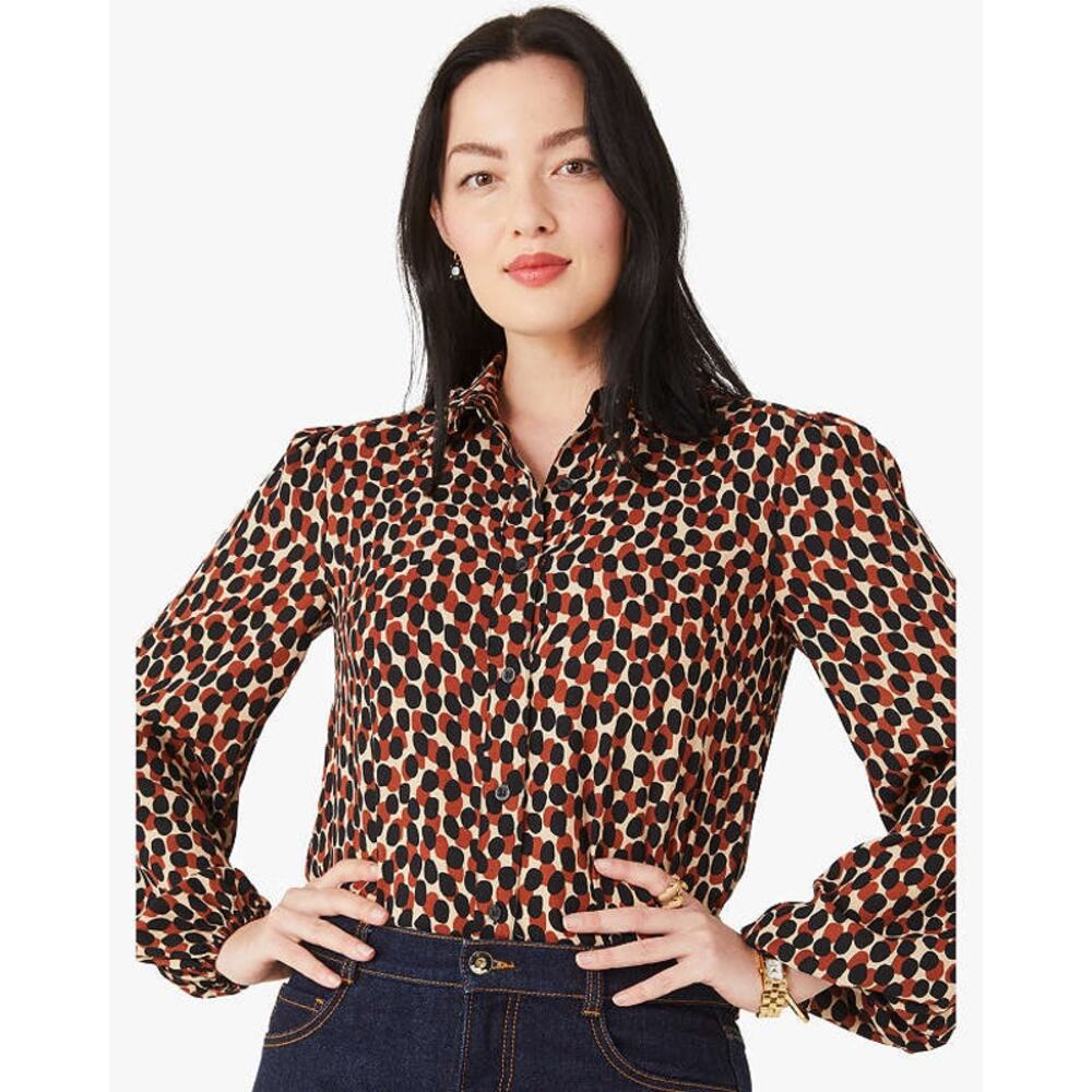 Kate Spade Dotty Leopard Ruffle Collar Shirt M Button Front Blouse Preppy